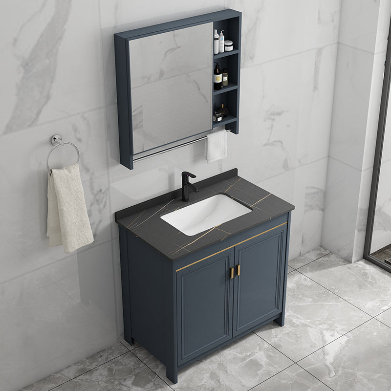 Blue Bathroom Vanity Metal Frame Single Sink Rectangle Mirror Bath Vanity with 2 Doors