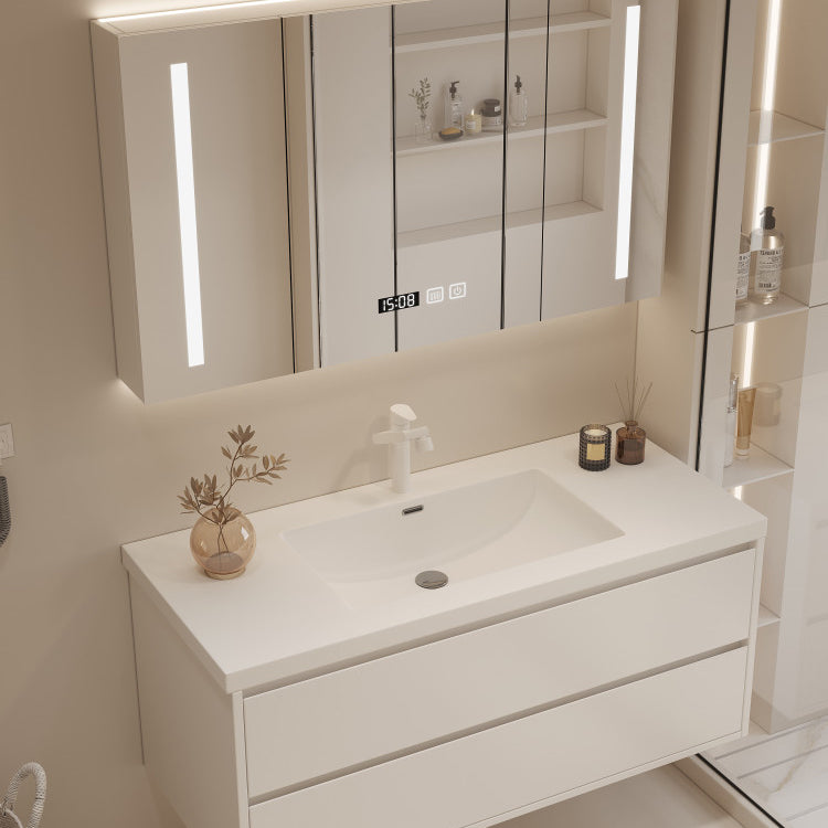 White Bathroom Vanity Wood Rectangle Single Sink Wall Mount 2 Drawers Vanity Set