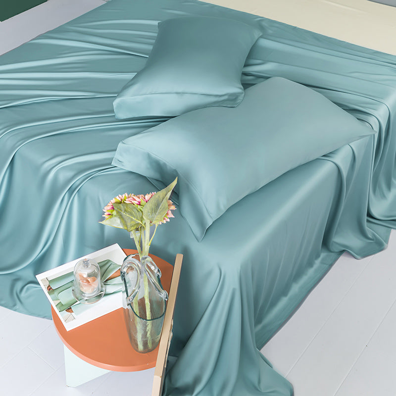 Fitted Sheet Silk Solid Color Breathable Wrinkle Resistant Super Soft Bed Sheet Set