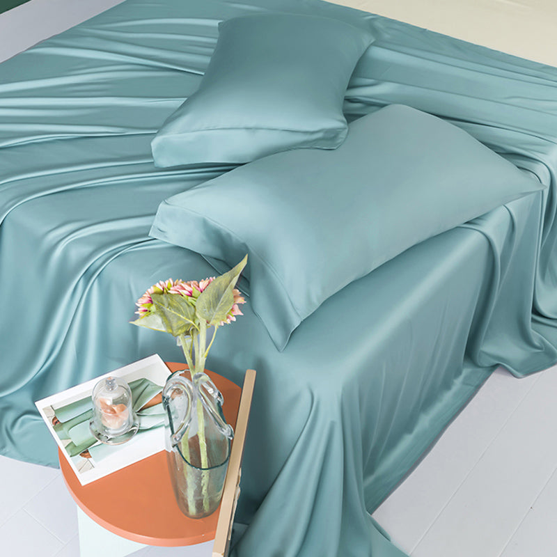 Fitted Sheet Silk Solid Color Breathable Wrinkle Resistant Super Soft Bed Sheet Set