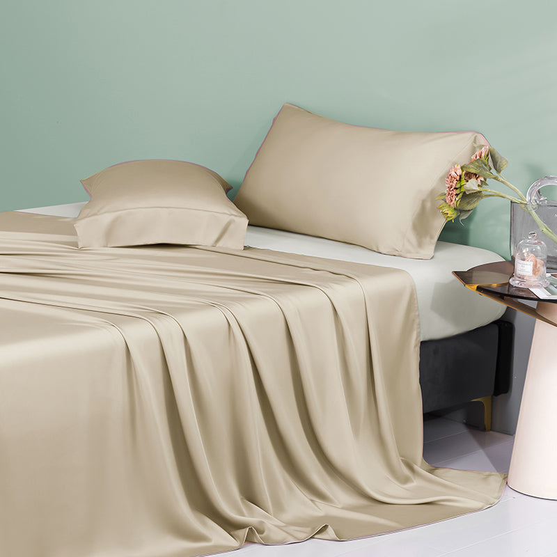 Fitted Sheet Silk Solid Color Breathable Wrinkle Resistant Super Soft Bed Sheet Set