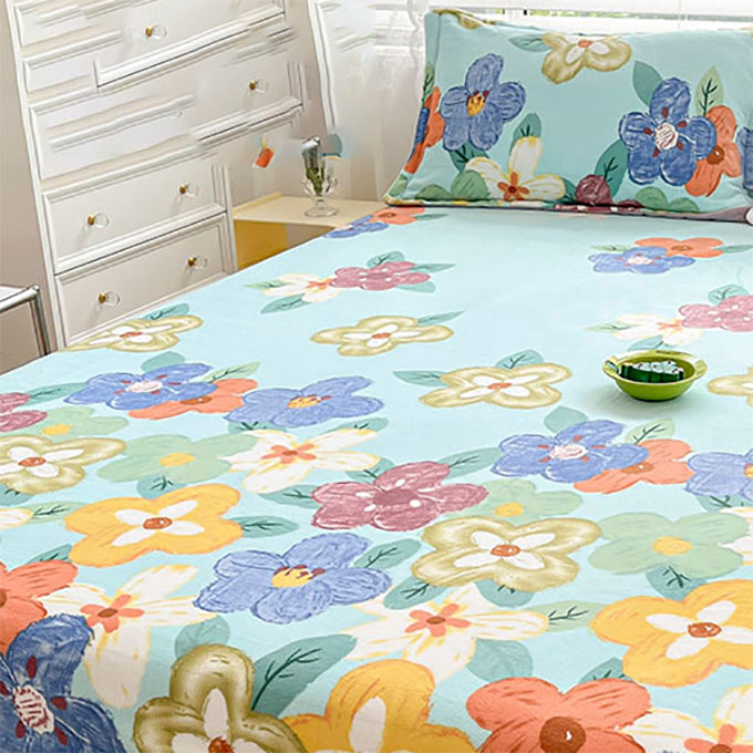 Cotton Sheet Set Flower Printed Wrinkle Resistant Super Soft Bed Sheet Set