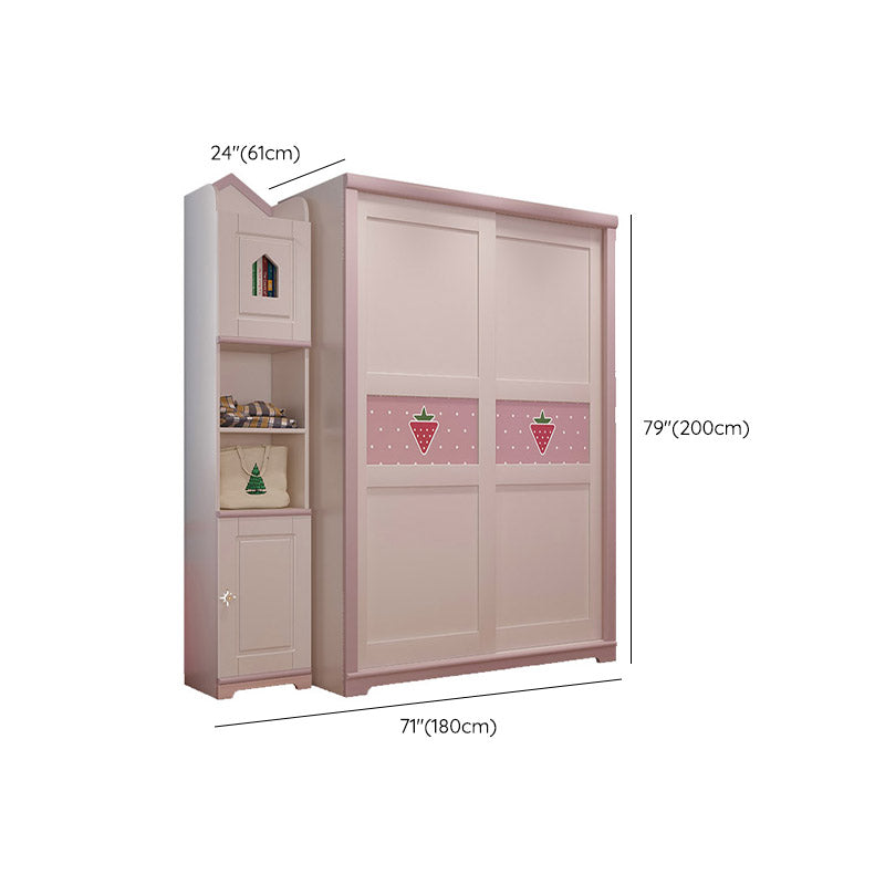 Contemporary Wooden Youth Armoire Pink Bedroom Kids Closet with Sliding Door