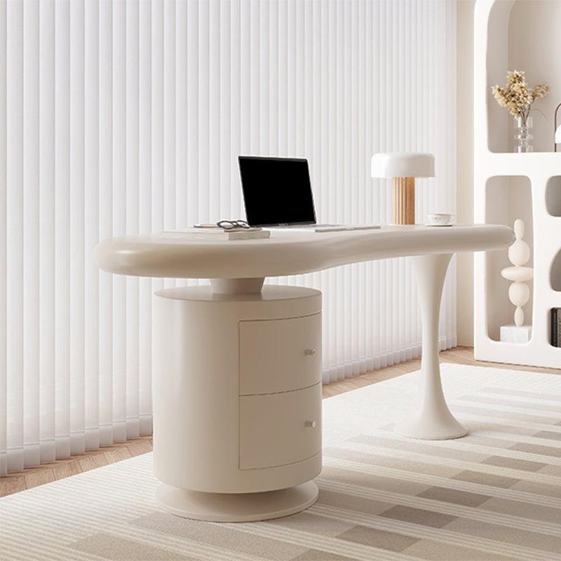 Irregular Shaped Wooden Office Desk White Writing Desk with 2-Drawer