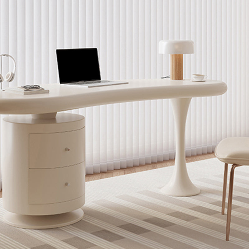 Irregular Shaped Wooden Office Desk White Writing Desk with 2-Drawer