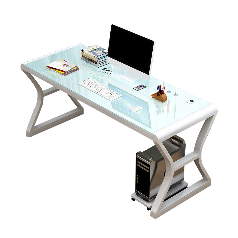 Glass-Top Contemporary Office Desk Antique Finish Computer Desk with Metal Legs