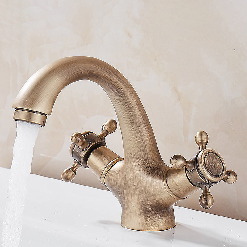 Glam Vanity Sink Faucet Brass Cross Handles Low Arc Bathroom Sink Faucet