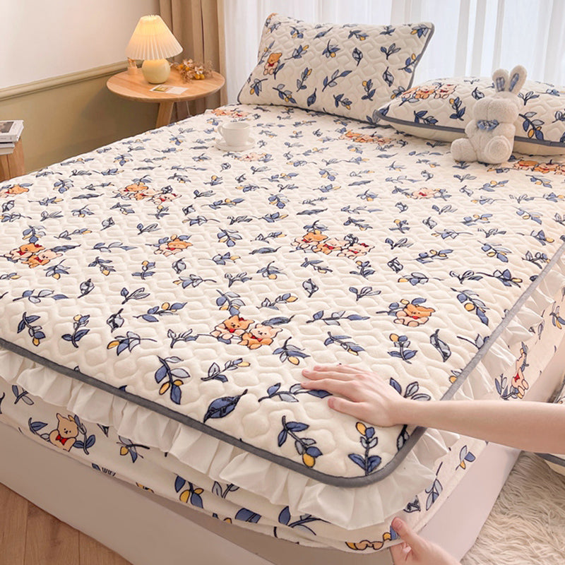 Fitted Sheet Flannel Floral Printed Breathable Wrinkle Resistant Super Soft Bed Sheet Set