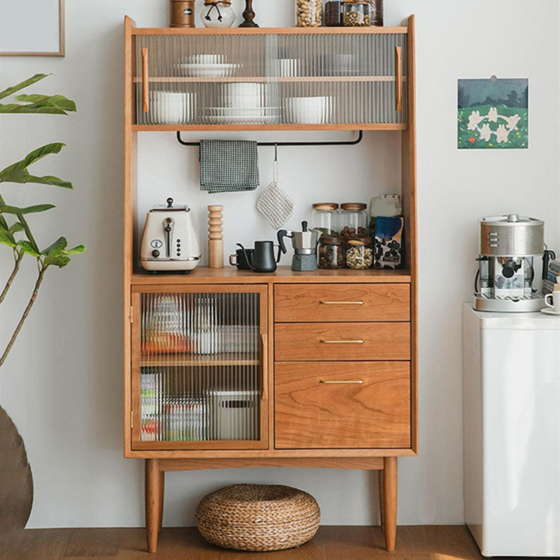 Modern Glass Doors Dining Hutch Pine Storage Cabinet with Doors for Living Room