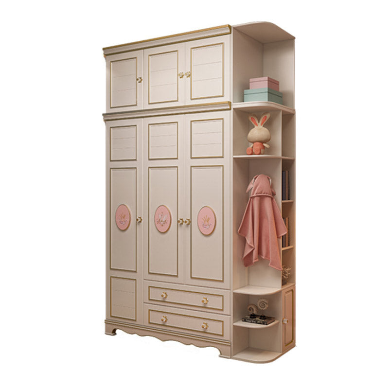 White Colour Solid Wood Wardrobe Cloth Rod Included Youth Armoire with 2 Drawers