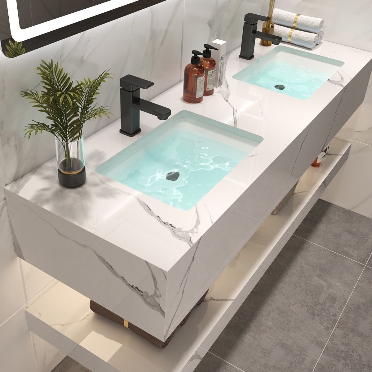 Bathroom Marble Vanity Set Modern Solid Color Sink Vanity with Mirror