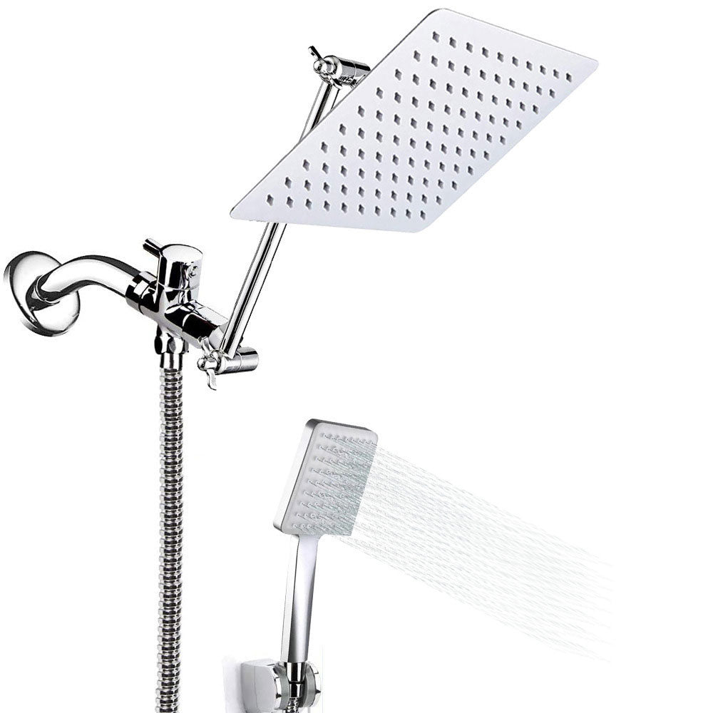 Pull down Dual Shower Head Square High Arch Shower Head Combo in Chrome