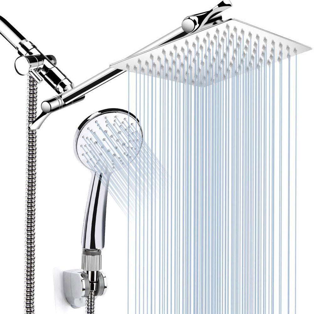 Standard Double Shower Set Round Metal Adjustable Spray Pattern Showerhead in Silver