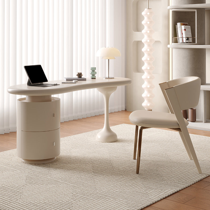 Oval Shaped Wood Office Desk in White Writing Desk with 2-Drawer