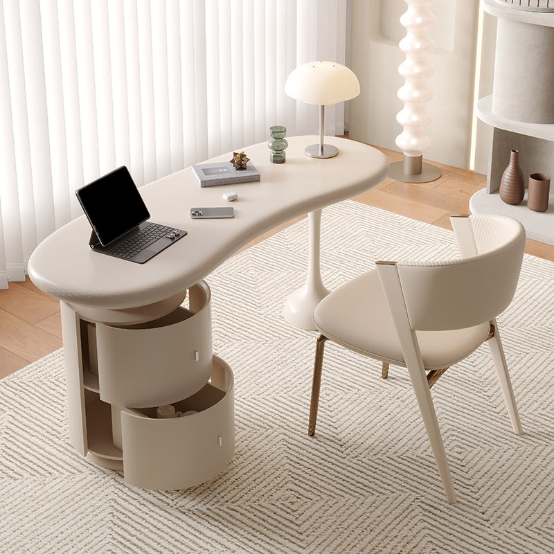 Oval Shaped Wood Office Desk in White Writing Desk with 2-Drawer