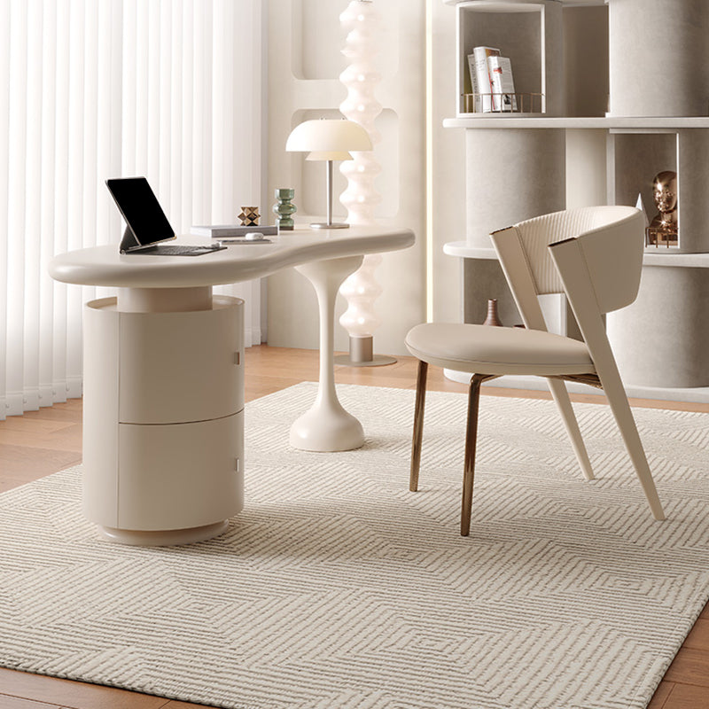 Oval Shaped Wood Office Desk in White Writing Desk with 2-Drawer