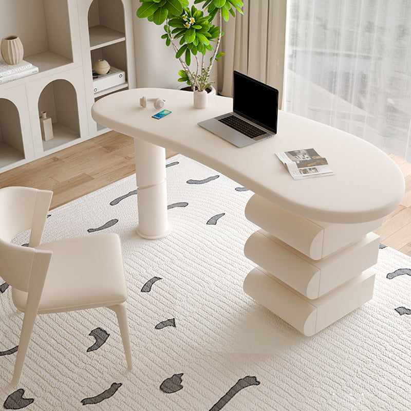 Irregular Shaped Wood Office Desk White Writing Desk with 3-Drawer