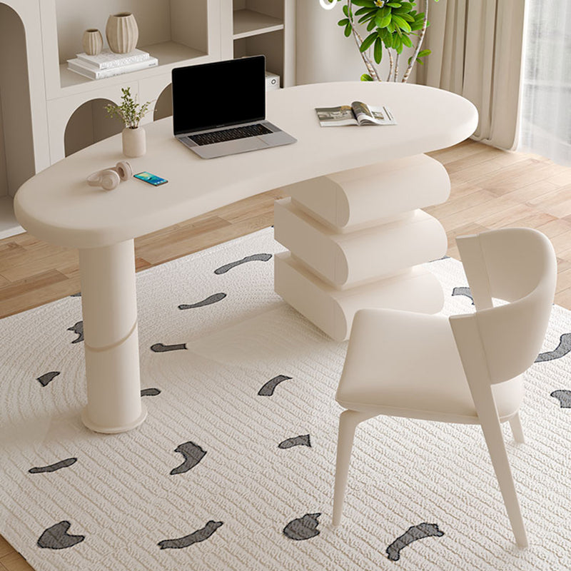 Irregular Shaped Wood Office Desk White Writing Desk with 3-Drawer