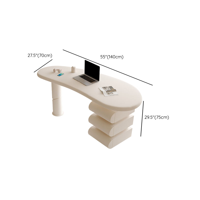 Irregular Shaped Wood Office Desk White Writing Desk with 3-Drawer