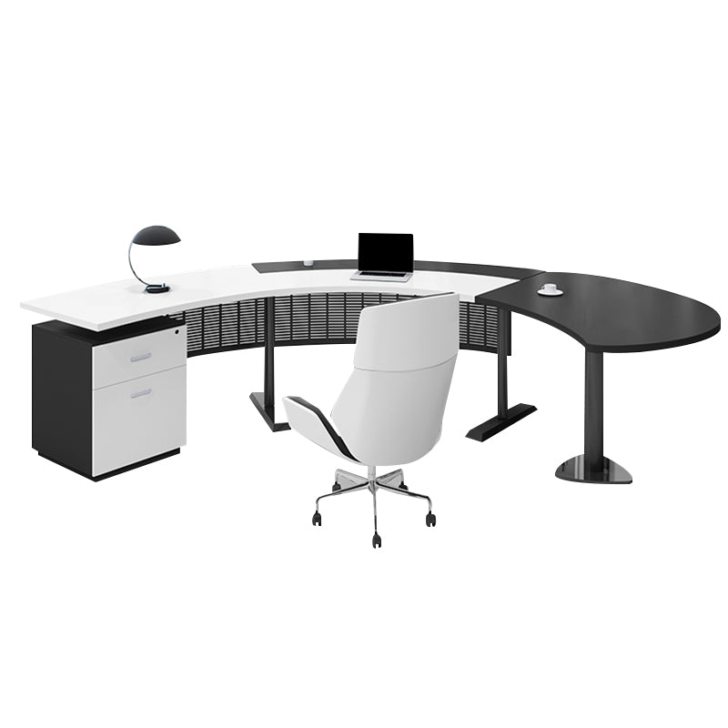 Half Circle Shaped Slate Office Desk White and Black Writing Desk for Office