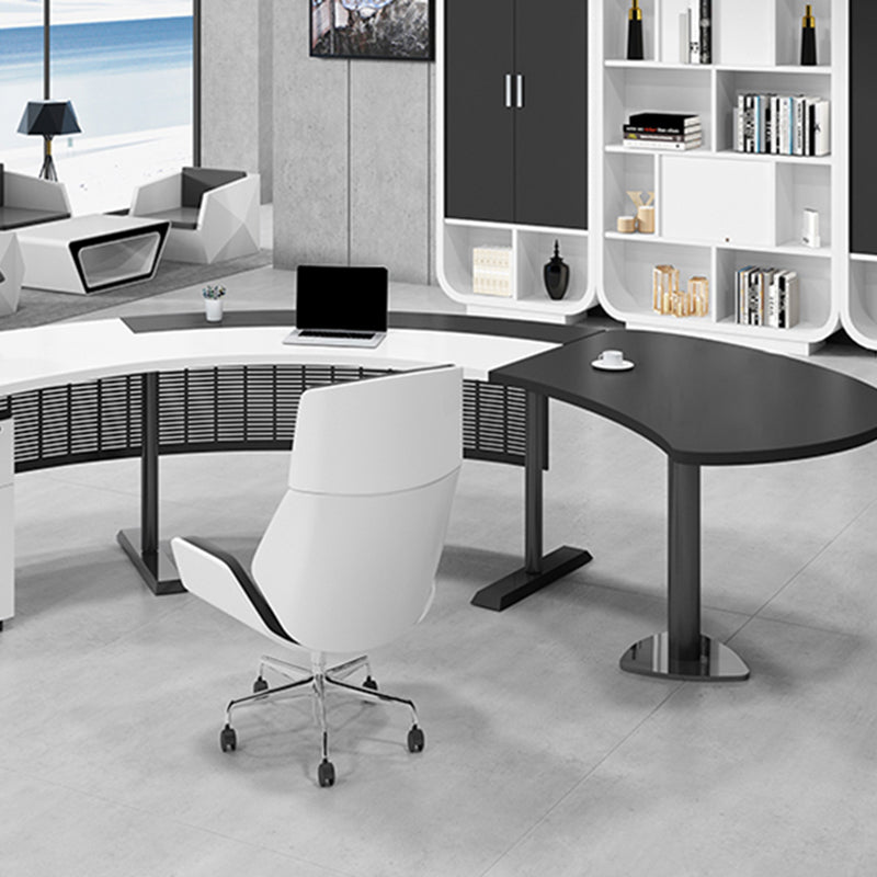 Half Circle Shaped Slate Office Desk White and Black Writing Desk for Office