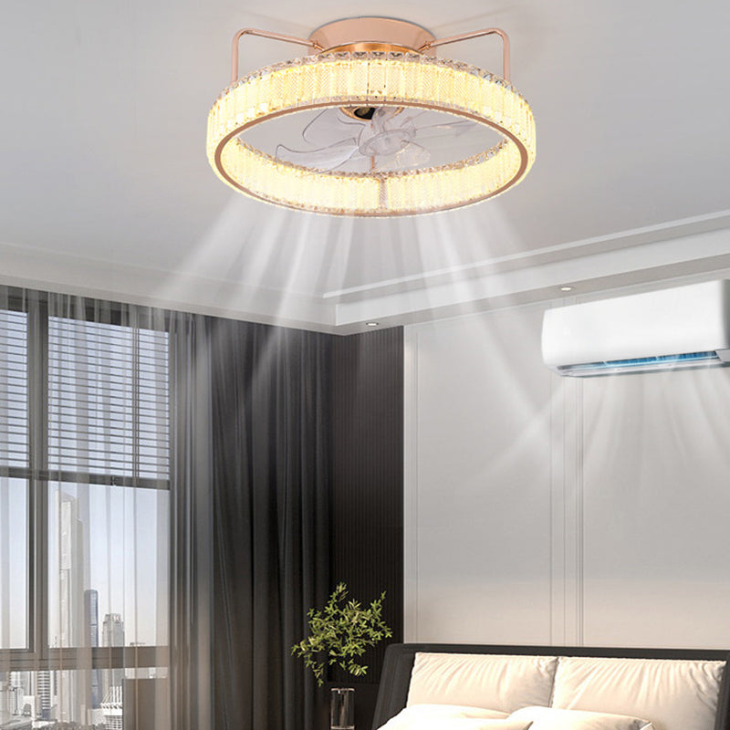 7-Blade LED Ceiling Fan Contemporary Crystal Golden Fan with Light for Foyer