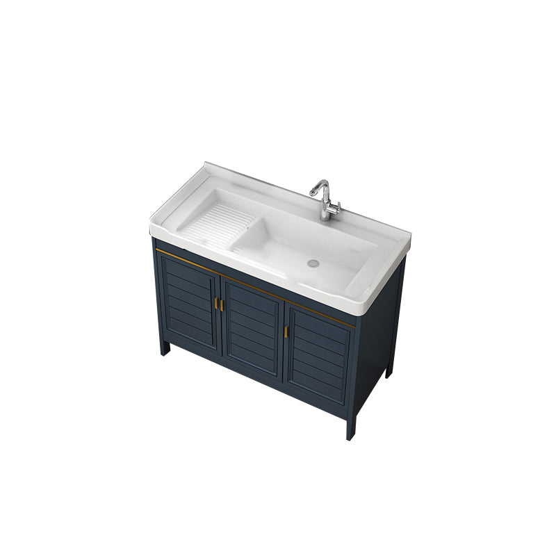 Blue Bath Vanity Single Sink Freestanding Metal Frame Mirror Vanity with Soft Close Doors