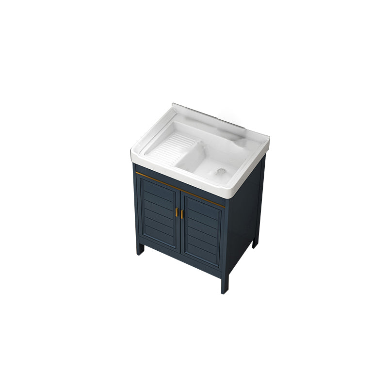 Blue Bath Vanity Single Sink Freestanding Metal Frame Mirror Vanity with Soft Close Doors