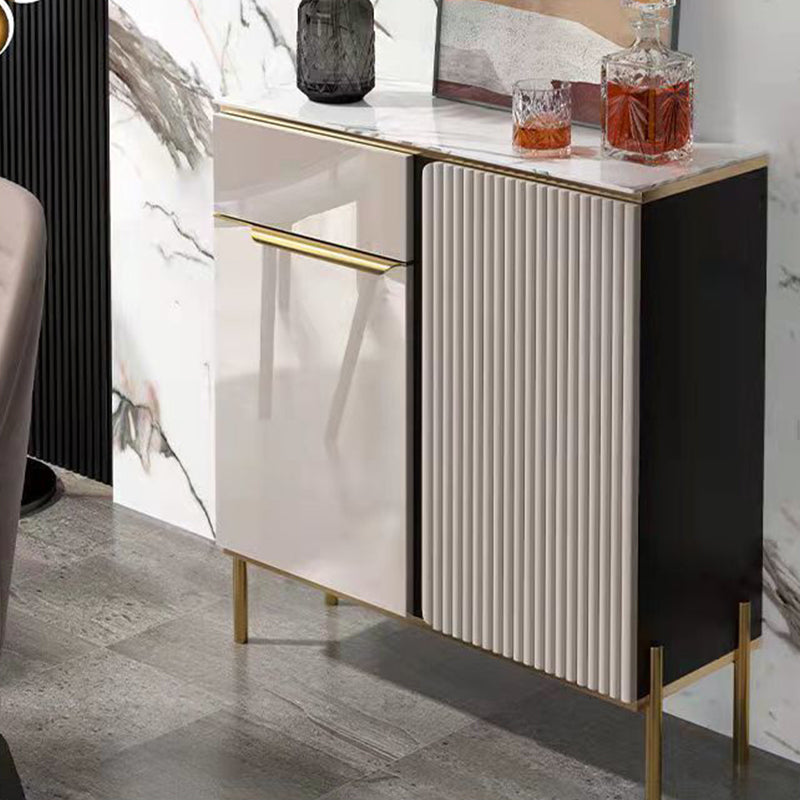 Glam Style Credenza Stone Glass Doors Buffet Credenza with Cabinets and Drawers