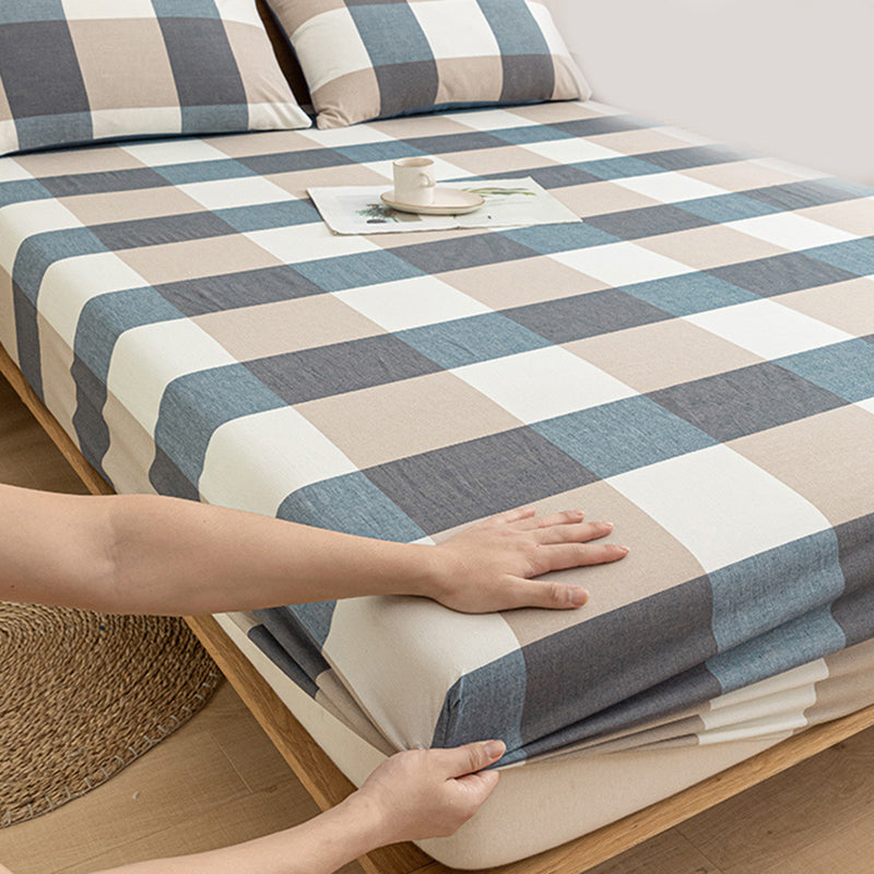 Modern Bed Sheet Set Cotton Twill Checkered Print Non-Pilling Fitted Sheet