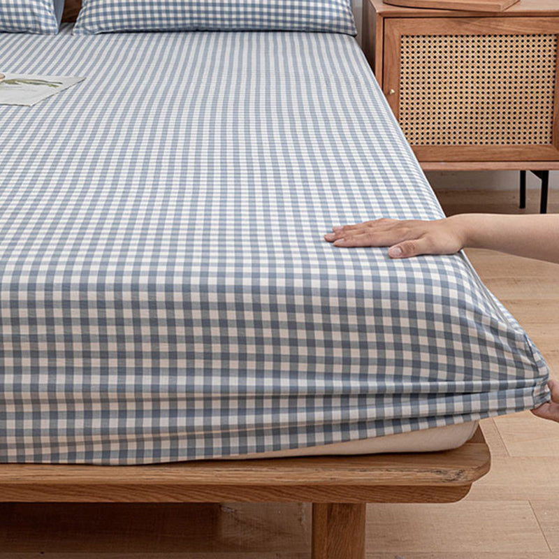 Modern Bed Sheet Set Cotton Twill Checkered Print Non-Pilling Fitted Sheet