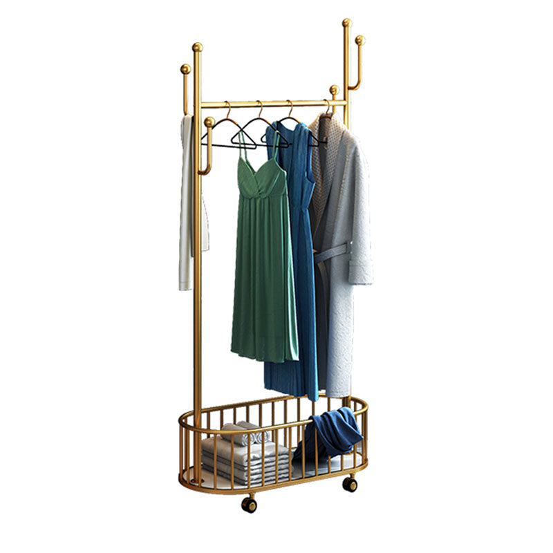 Luxurious Metal Coat Rack Free Standing Castors Coat Hooks with Basket