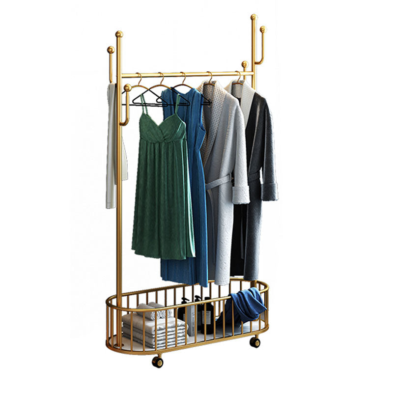 Luxurious Metal Coat Rack Free Standing Castors Coat Hooks with Basket