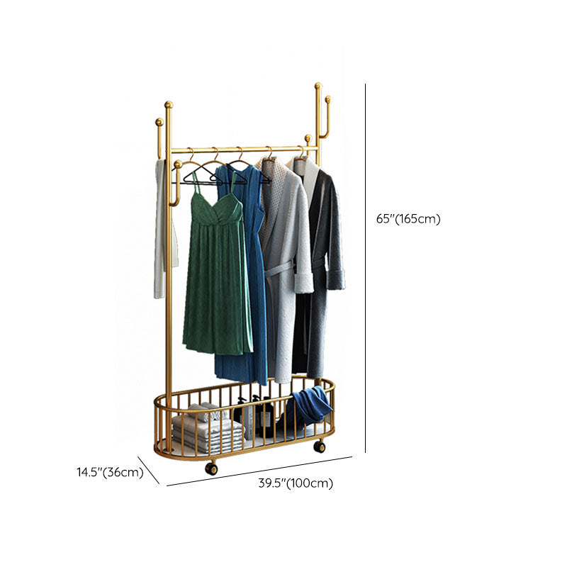 Luxurious Metal Coat Rack Free Standing Castors Coat Hooks with Basket