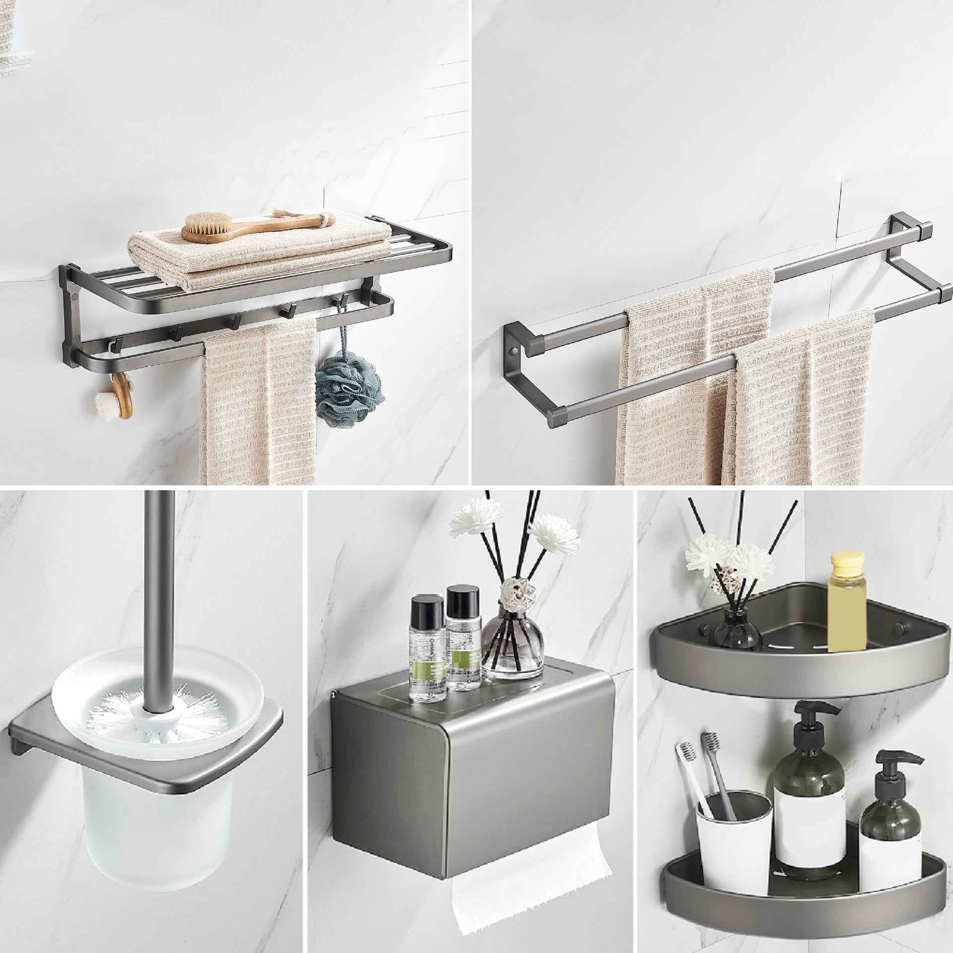 Contemporary Metal 6-Piece Bathroom Accessory Set with Bath Shelf