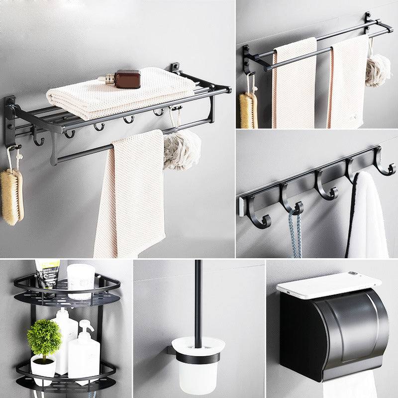 6-Piece Modern Bathroom Hardware Set in Matte Black with Bath Shelf/Towel Bar & Robe Hooks