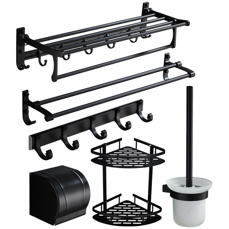 6-Piece Modern Bathroom Hardware Set in Matte Black with Bath Shelf/Towel Bar & Robe Hooks