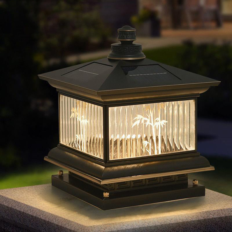 Contemporary Pillar Lamp Metal Outdoor Lamp with Glass Shade for Garden