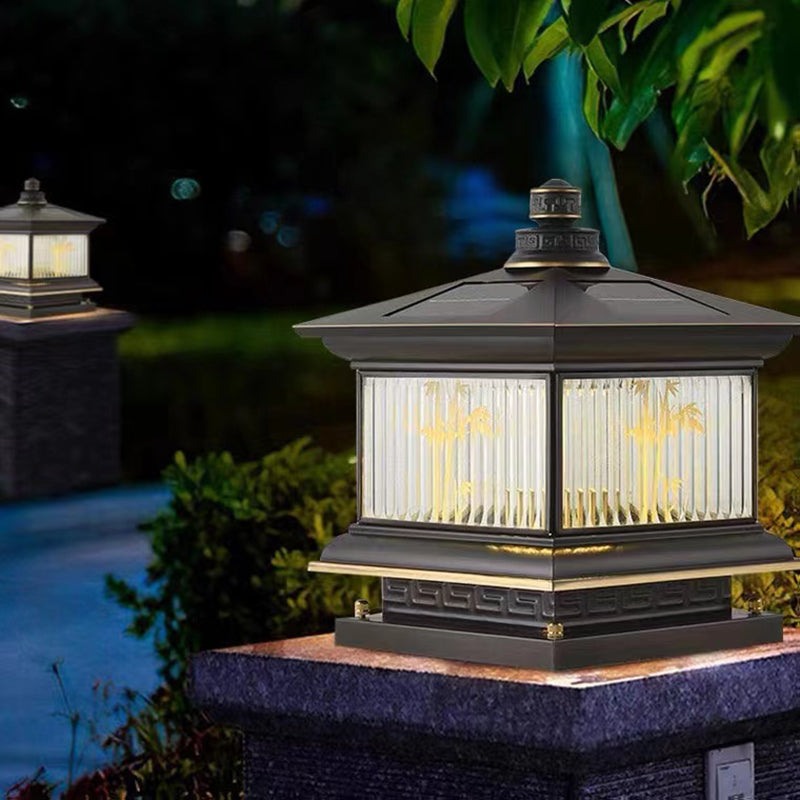 Contemporary Pillar Lamp Metal Outdoor Lamp with Glass Shade for Garden