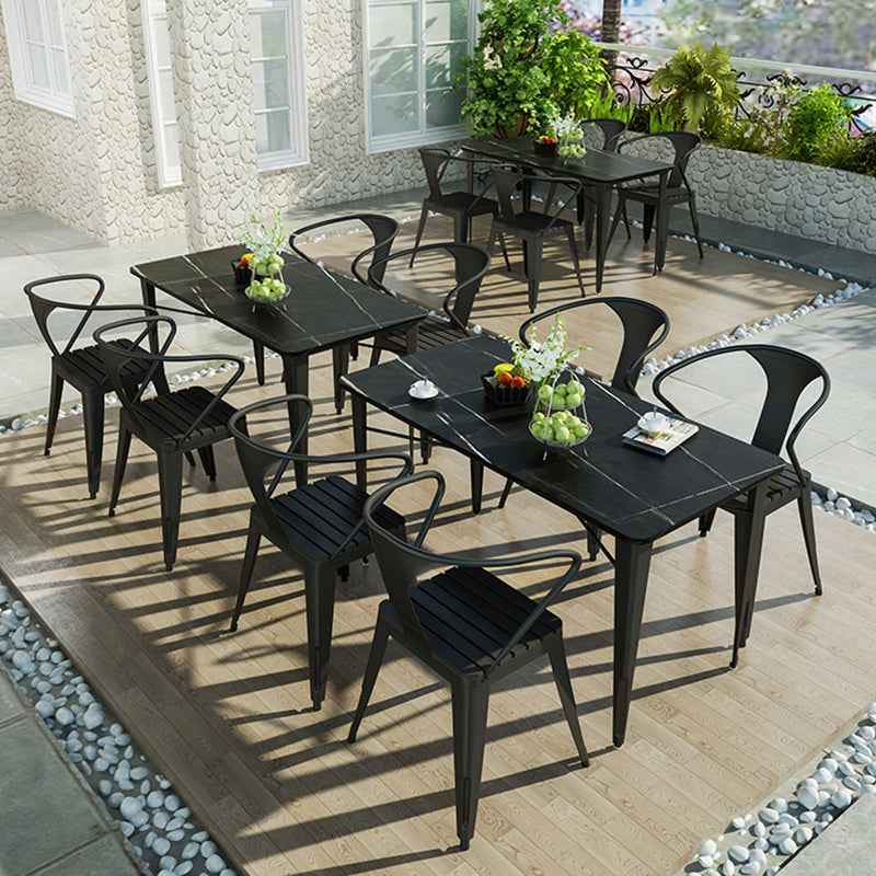 Outdoor Black Stone and Iron Patio Table Contemporary UV and Rust Resistant Dining Table