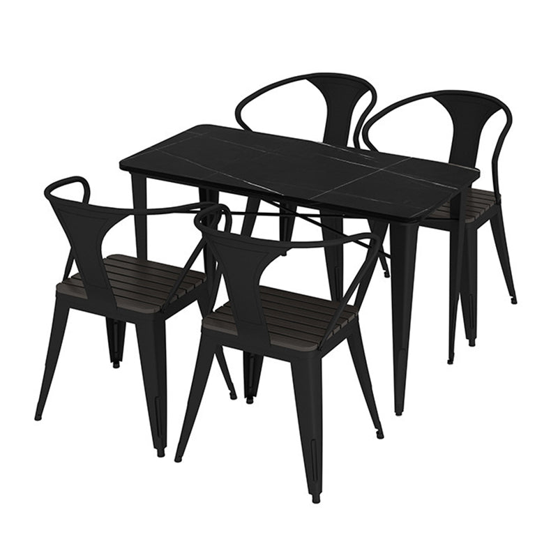 Outdoor Black Stone and Iron Patio Table Contemporary UV and Rust Resistant Dining Table