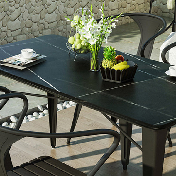 Outdoor Black Stone and Iron Patio Table Contemporary UV and Rust Resistant Dining Table