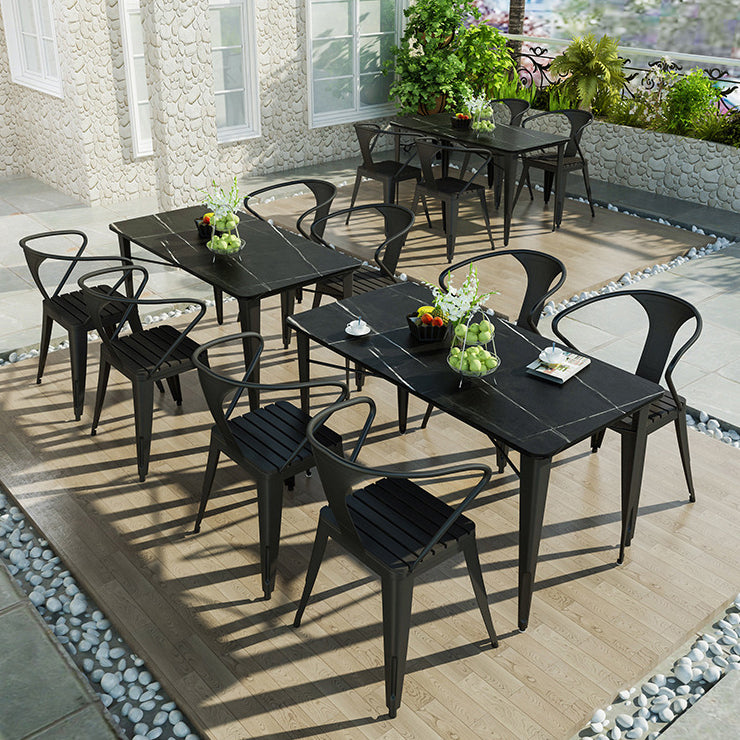 Outdoor Stone Top and Iron Frame Patio Table Contemporary Dining Table in White and Black