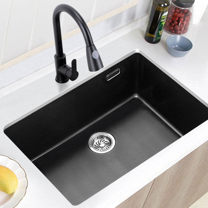 Rectangle Quartz Sink in Black Drop-In Kitchen Sink with Drain Assembly