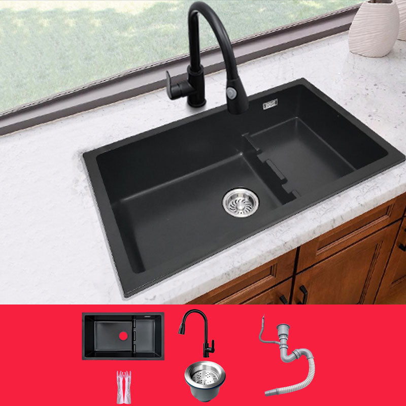 Rectangle Quartz Sink in Black Drop-In Kitchen Sink with Drain Assembly