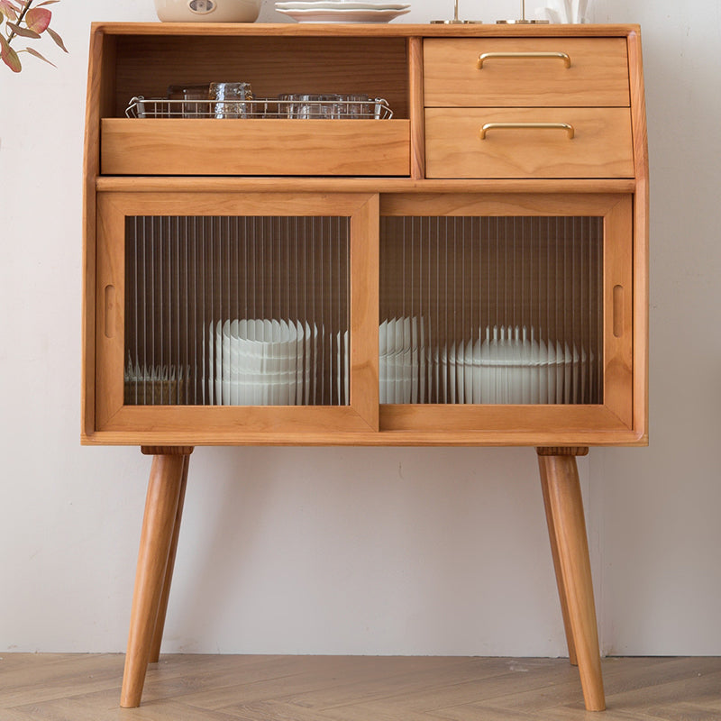 Pine Curio Cabinet Sliding Doors Contemporary Display Stand with Drawers