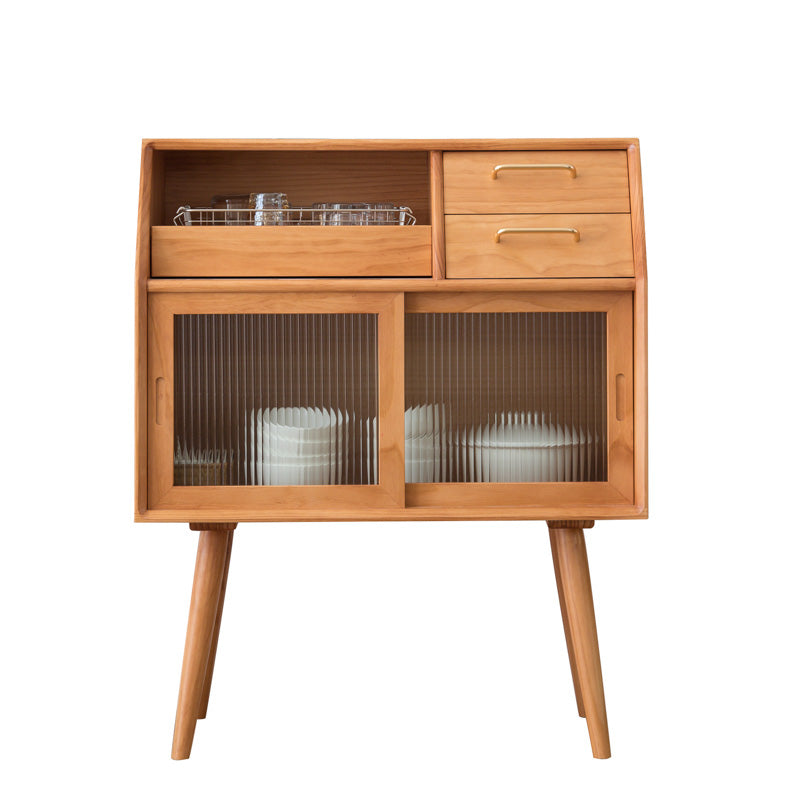 Pine Curio Cabinet Sliding Doors Contemporary Display Stand with Drawers