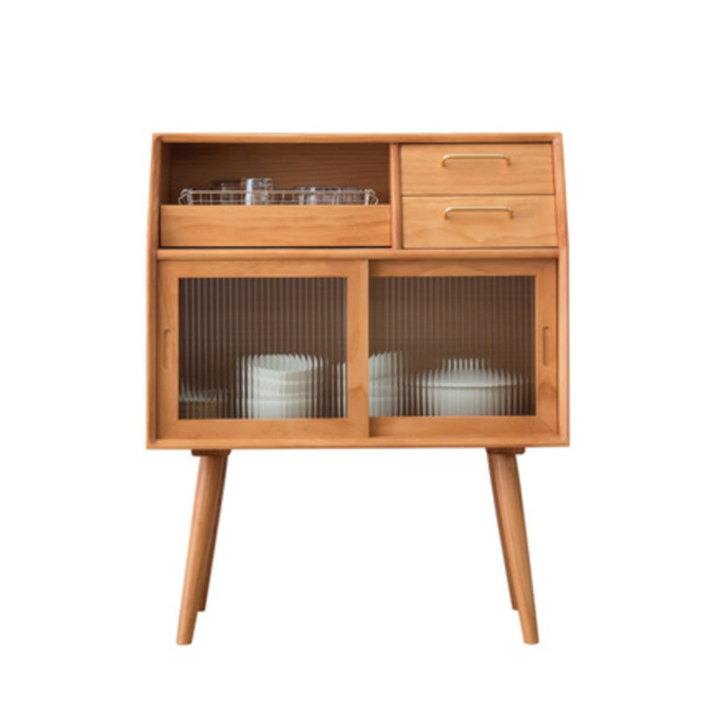 Pine Curio Cabinet Sliding Doors Contemporary Display Stand with Drawers