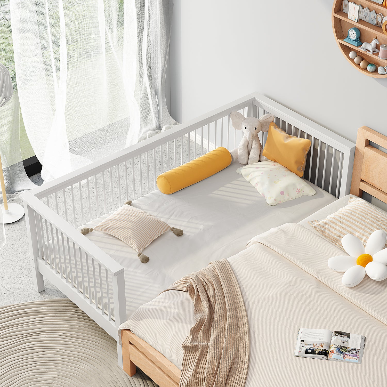 Modern Solid Wood Baby Crib Beech Nursery Bed with Guardrail