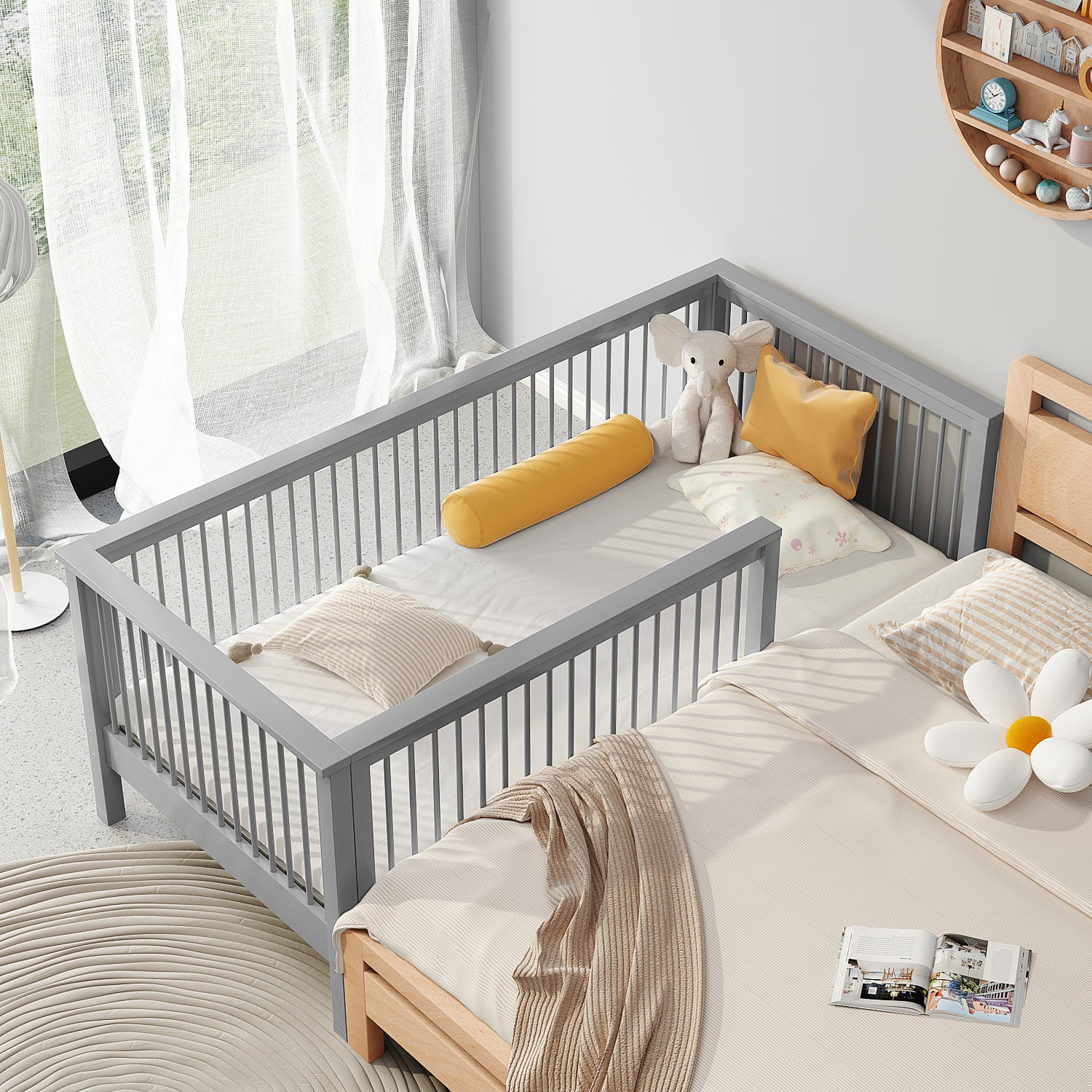 Modern Solid Wood Baby Crib Beech Nursery Bed with Guardrail